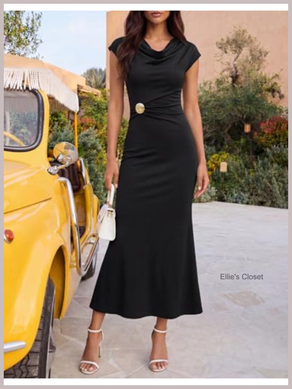 Cowl Neck Bodycon Maxi Dress Cap Sleeve Ruched Wedding Guest Cocktail Midi - Picture 3 of 6